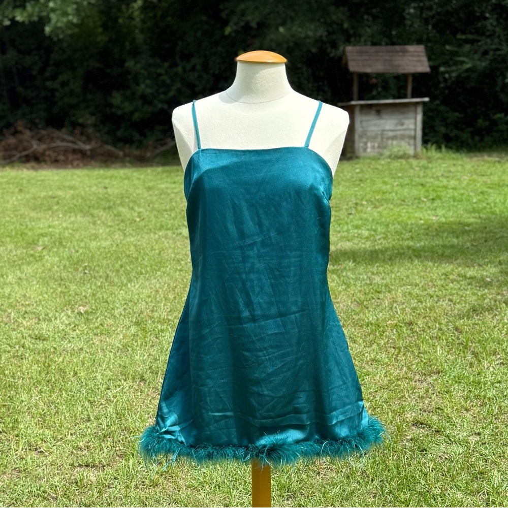 Thirty Thirty Teal Satin Spaghetti Strap Mini Dress with Feather Trim